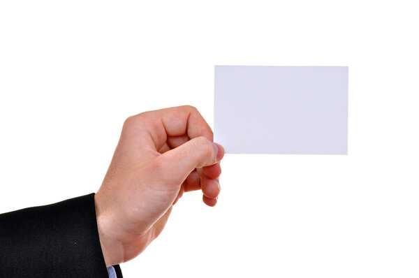 Paper card in man hand isolated on white background