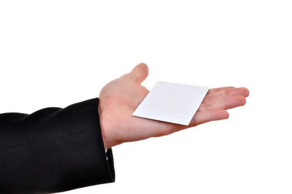 Beyaz arka plan üzerinde izole adam elinde kağıt kartı — Stok fotoğraf