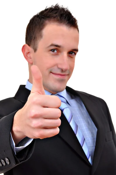 Young happy business man going thumbs up, isolated on white — Stock Photo, Image