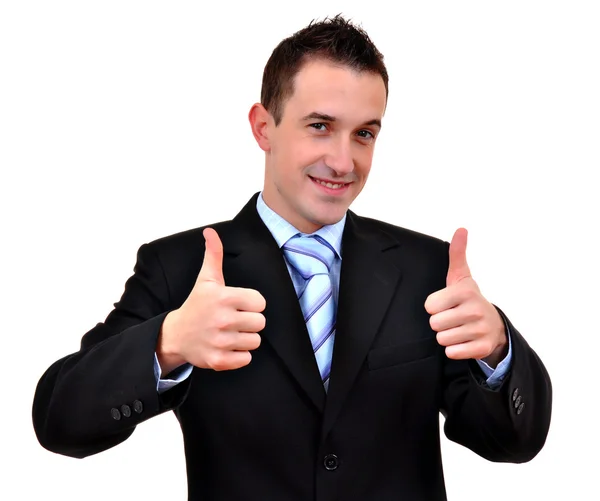 Jovem homem de negócios feliz indo polegares para cima, isolado em branco — Fotografia de Stock