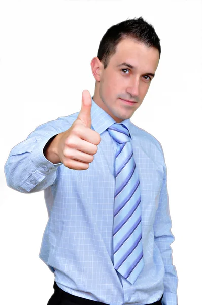 Young happy business man going thumbs up, isolated on white — Stock Photo, Image