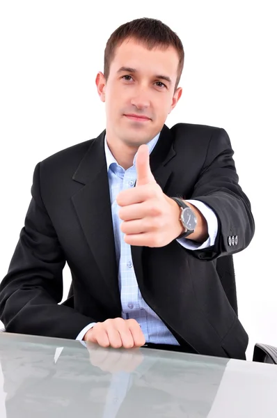 Young happy business man going thumbs up, isolated on white — Stock Photo, Image