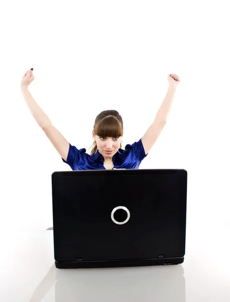 Young woman in office jubilates — Stock Photo, Image