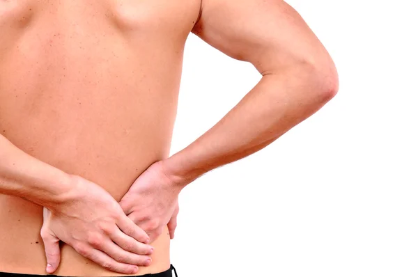 Young caucasian man with pain in a back isolated on white — Stock Photo, Image