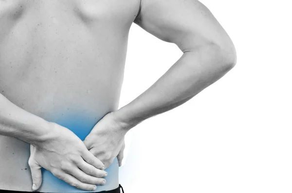 Beyaz delikanlı ile üzerine beyaz izole bir sırt ağrısı