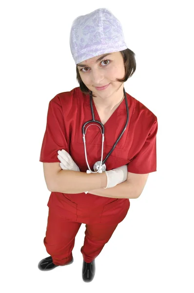 Menina atraente médico sorrindo isolado no branco — Fotografia de Stock