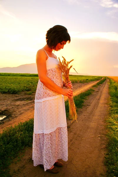Güzel genç kız onun elinde buğday ile — Stok fotoğraf