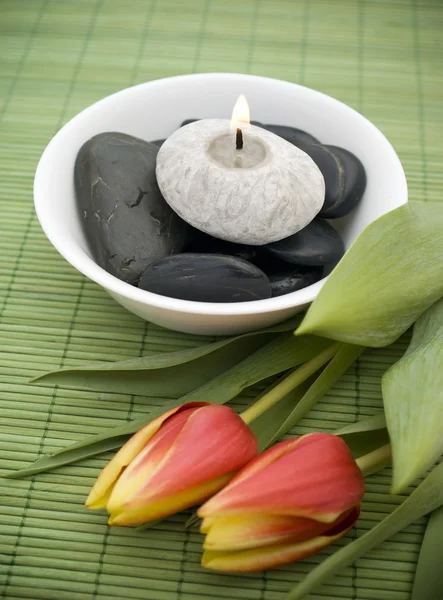 Primavera zen como SPA com tulipas vermelhas — Fotografia de Stock