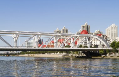 Modern köprü ve tianjin Çin şehirde bina
