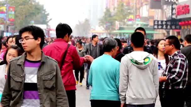 Algunos visitantes toman fotos en Wangfujing Walking Street, Beijing, China — Vídeo de stock