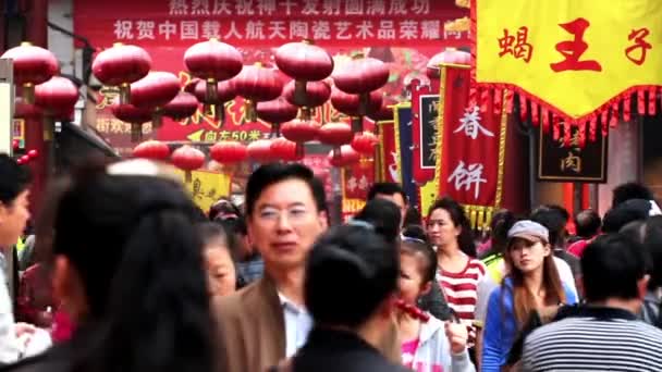 Ziyaretçiler gitmek ve wangfujing snack street, beijing, Çin — Stok video