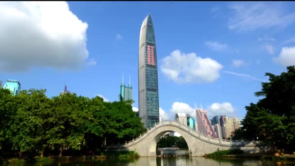 Jingji 100 byggnaden och stenbro i park, shenzhen, Kina — Stockvideo