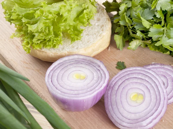 Onions and sandwich — Stock Photo, Image