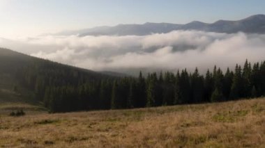 Karadağ sırtı manzaralı Karpat dağlarının zaman çizelgesi. Sabahın köründe, Hoverla yakınlarındaki dağlarda ve diğer tepelerde sis yavaşça ilerler. Boşluğu kopyala.
