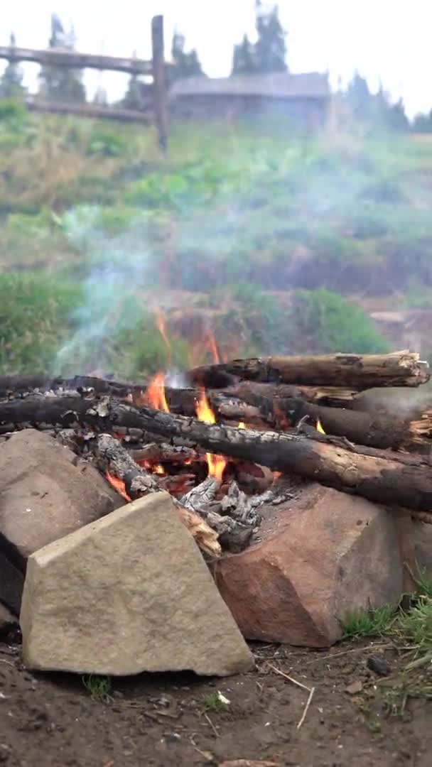 Cheminée dans les bois. Feu de camp fumeur dans la nature. Camping avec un feu de camp. Gris et marron grandes pierres et bois pour le feu dans la cheminée. — Video