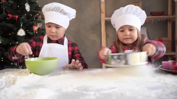 Brüder- und Schwesterköche bereiten aus Mehl Teig für Plätzchen zu. Mädchen sieben Mehl durch ein Sieb. Junge sammelt in einem Teller. Hausgemachte Weihnachtskuchen — Stockvideo