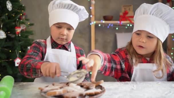 Счастливый мальчик и девочка готовят рождественское печенье на кухне посыпать сахар глазури на готовые хлебобулочные изделия. Брат и сестра в форме — стоковое видео