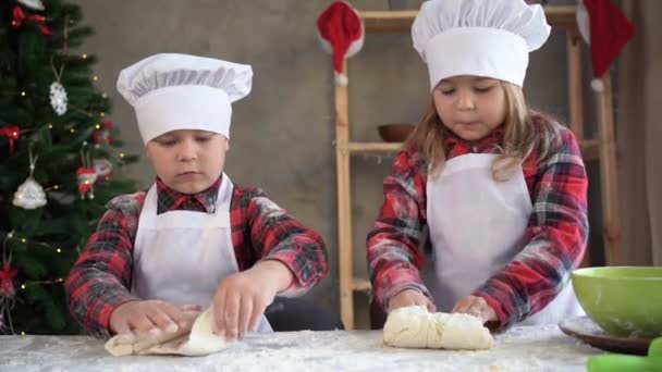 Het proces van het maken van peperkoek voor Kerstmis. Kinderen bereiden de ingrediënten en kneden het deeg met hun handen om zelfgemaakt deeg te bakken — Stockvideo