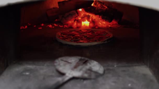 Restoran mutfağında odun fırınında geleneksel pizza. Fırıncı fırından taze İtalyan pizzasını çıkarır. Yiyecek. — Stok video