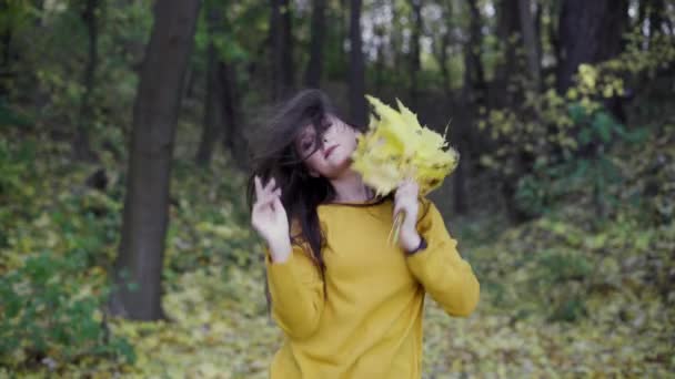 Девушка прогулка в осеннем парке с желтыми опавшими листьями, отдых и открытый отдых красочный фон, лесная прогулка в октябре. — стоковое видео