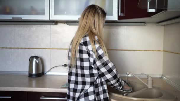 Ama de casa mujer en la cocina lavando los platos, plato blanco bajo el agua corriente del grifo, la limpieza de la casa. Vida en casa — Vídeos de Stock