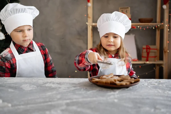 Kinder Backen Weihnachtliche Lebkuchen Bruder Und Schwester Dekorieren Plätzchen Der — Stockfoto