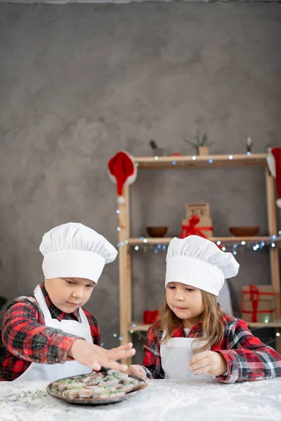 Erkek Kız Kardeş Noel Için Zencefilli Ekmek Kurabiye Süslerler Çocuklar — Stok fotoğraf