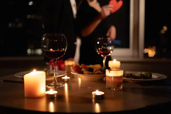 Romantic Dinner Setting Red Wine Glasses Candles Date Two Valentine — Stock Photo, Image