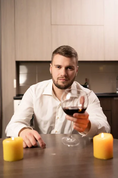 First Person Portrait Caucasian Man Boyfriend Sits Table Evening Glass — Stock Photo, Image