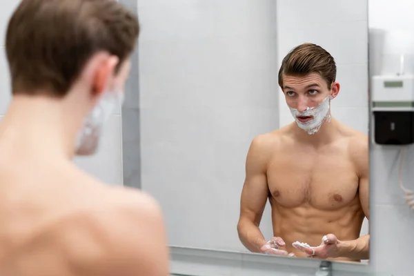 Serious Years Old Man Shaving Foam His Face Men Shaving — Fotografia de Stock