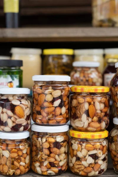 Various Nuts Honey Stand Products Street Market Cashews Walnuts Almonds — Stockfoto