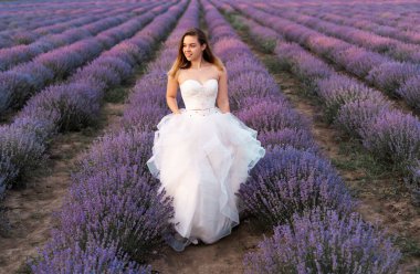 beautiful bride in a lavender field. Girl on the wedding day in nature. young woman in a white dress on a blooming lavender field. Place for text