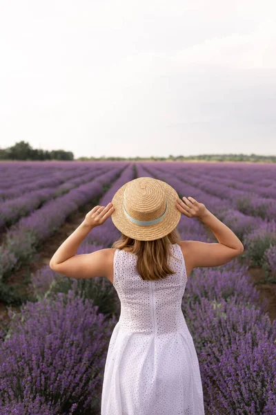 rear view of a young lady in a white dress stands on a lavender field holding her hands behind a straw hat. Back view without face.