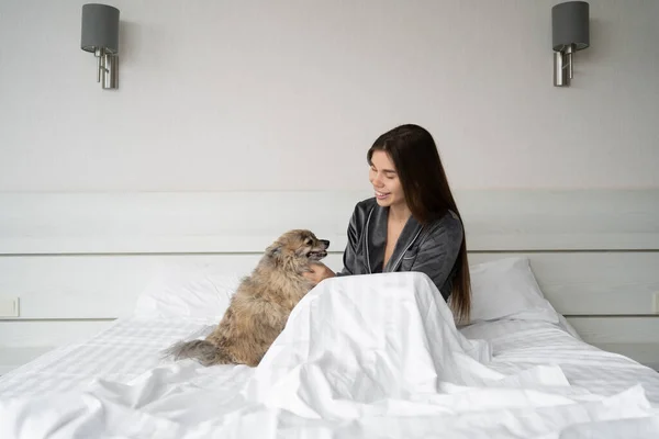 woman and pomeranian dog woke up and meet the day together. copy space.