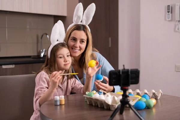 Caucasian Mother Daughter Bandage Ears Rabbit Sitting Kitchen Home Decorate — Stok fotoğraf