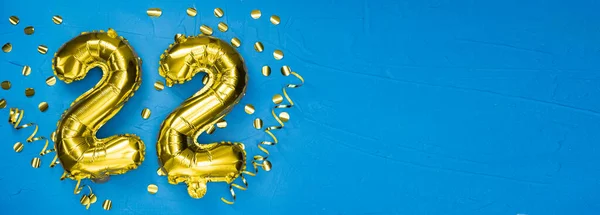 Número Vinte Dois Balão Folha Ouro Cartão Aniversário Aniversário Com — Fotografia de Stock