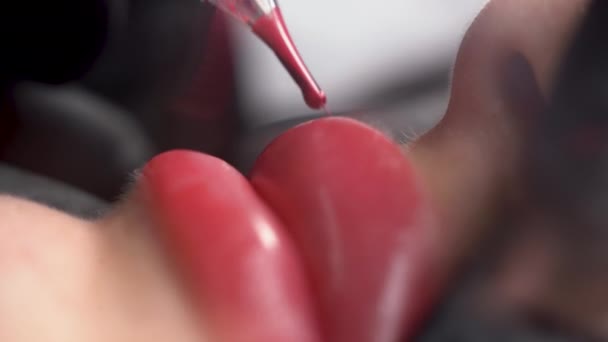 Постоянный макияж губ, нанесение татуировки красящего пигмента на губы, женское лицо, красота губ, косметология — стоковое видео