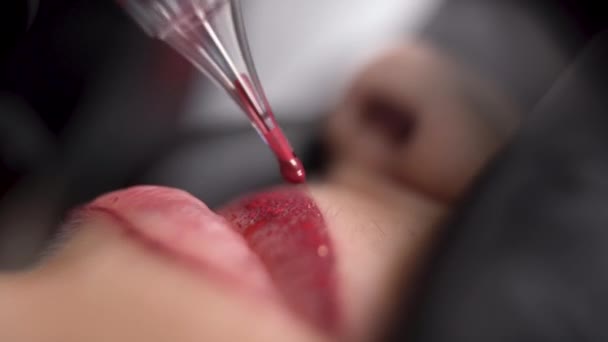 Mulher do processo aplicando a composição permanente da tatuagem nos lábios no salão do esteticista, pigmento microblading do bordo — Vídeo de Stock