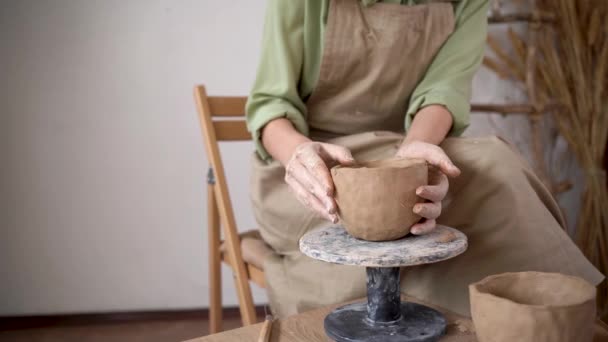 Het maken van klei producten, keramiek, het maken van keramiek, DIY. een vrouw met haar handen beeldhouwt een kleiproduct in beweging. Close-up van Potters werk. Pottenbakkersklei. — Stockvideo