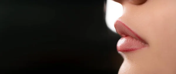 丰满的嘴唇特写 Lip Care 增加填充物Augmentation Fillers 有细节的衣服外形自然 外形完美 完美的完美天然唇妆容美丽的女性嘴 文字位置 — 图库照片