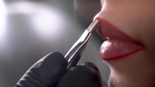 永久的な唇の入れ墨の手順は、マスタは、入れ墨を適用する前にモデルの唇に輪郭を適用します. — ストック動画