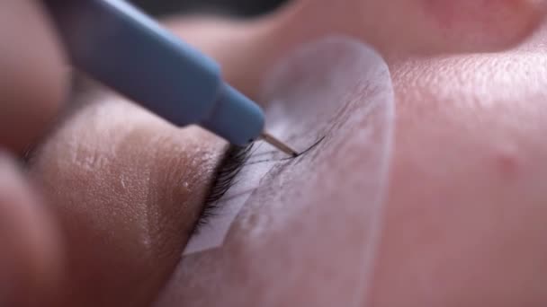 Eyelash extension procedure, preparation process, services in a beauty salon, eye close-up, woman beauty — Stock Video