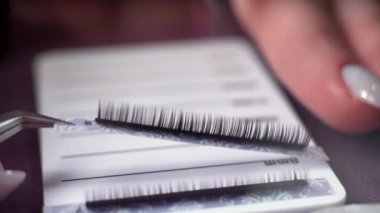 Cilt kirpik uzantıları tamam. Kirpik ustası palete takma kirpik şeridi koyuyor. Kirpik cımbızla. gerçek zamanlı kayıt.