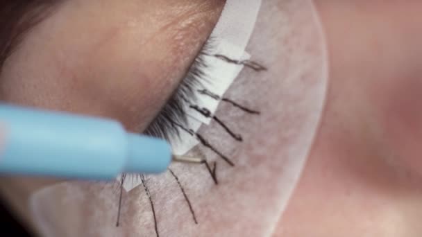 Vorbereitung der Wimpern zur Verlängerung, Nahaufnahme, Behandlung im Schönheitssalon, Zeichnung der Größe zukünftiger Wimpern, weibliche Schönheit — Stockvideo