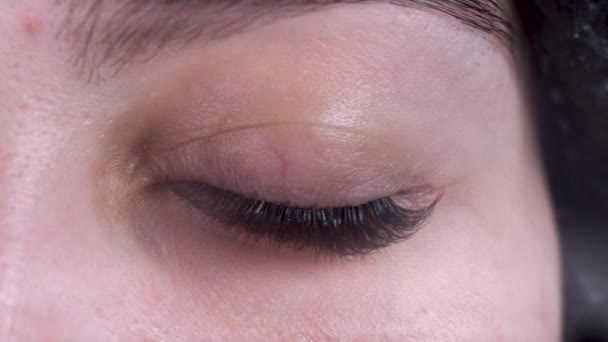 Eyelash extension procedure. Female eye with long false eyelashes after extension. Close-up macro shot of eye in a beauty salon. — Vídeos de Stock