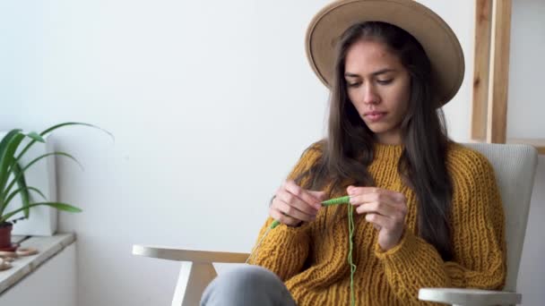 Kvinnors stickning, ung kaukasisk flicka stickning medan du sitter på en fåtölj hemma, räknar öglor av ull tråd, hobby — Stockvideo