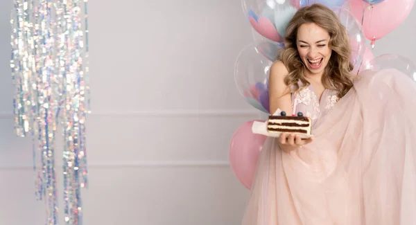 Millennial Woman Throwing Holiday Party Celebration Pretty Woman Pink Dress — стоковое фото