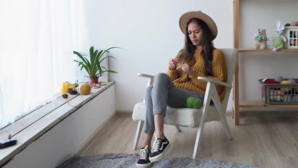 Knitting and needlework, a woman knits with knitting needles sitting in a chair, knitted products from a woolen thread, hobby and leisure at home — Vídeos de Stock