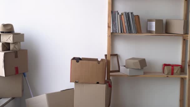 Young caucasian woman preparing to move to a new home collects things in cardboard boxes, a living flower in a pot in female hands, moving and relocation — Stock Video
