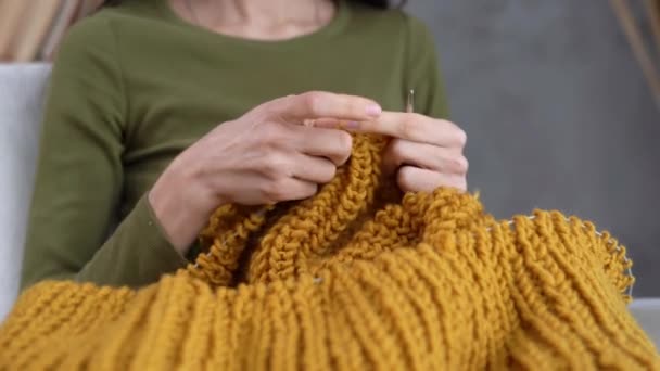Close-up of female hands knitting a warm sweater, knitting with needles and woolen thread, hobby and needlework concept — Stock video